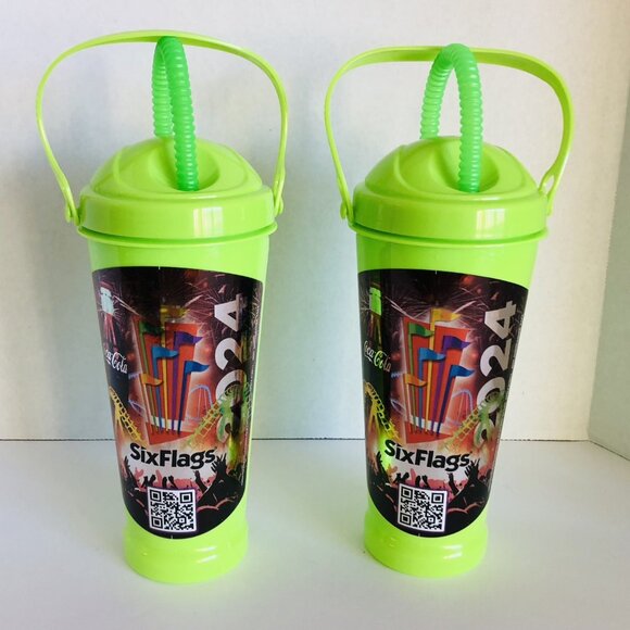 Six Flags 2024 Refillable Souvenir Drink Bottle Set of 2 Green Collectible - Picture 1 of 9